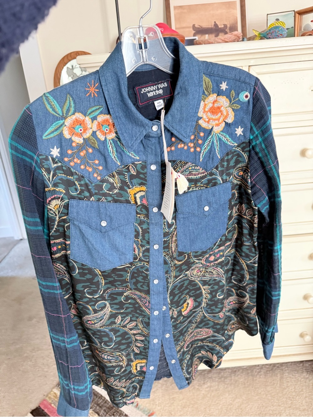 Johnny Was Multicolor Embroidered Patchwork Button-Down Shirt